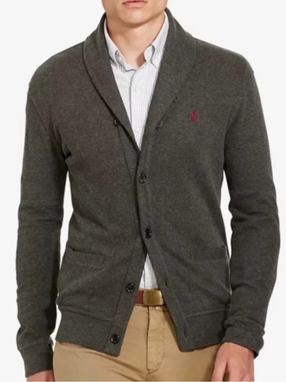 Ralph Lauren Estate Rib Charcoal Shawl Collar Knit Cardigan